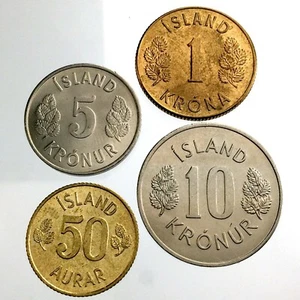 Lot of 4 Coins 1971 Iceland 50 Aurar 5 10 Kronur 1 Krona Uncirculated Coins T380 - Picture 1 of 10