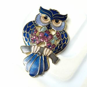 Vintage Blue Enamel Owl Brooch Cloisonne Jewellery Present Bird Lover Pin