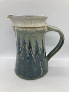 Vintage Signed Art Pottery Pitcher Blue Green Beige Drip Glaze Art Studio 7” - Picture 1 of 9