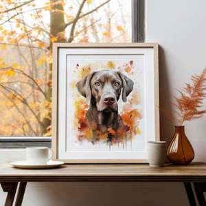 Weimeraner in Autumn Print, Modern Watercolour Dog Painting, Pet Portrait - Picture 1 of 9