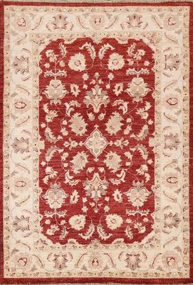Floral Red Handmade Wool Rug 3x5 Ft Vegetable Dye Chobi Peshawar Foyer Rug - Image 1 of 4