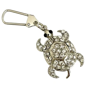 Crystal Sea Turtle Keychain Zipper Pull Purse Charm Backpack Silver Tone Moving - Picture 1 of 10