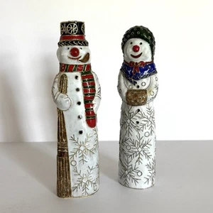 Vintage Cloisonné Enamel Snowman Figurines Pair Christmas 7.5” Metal Trinket - Picture 1 of 8