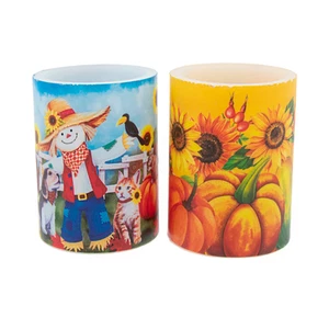 Happy Fall Decorative Flameless 4-Inch Pillar Candles, Set of 2 - Picture 1 of 8
