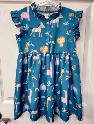 Nuevo sin etiquetas. Vestido para niñas pequeñas 4-5T (120), animal de safari verde azulado Foto 1 de 4