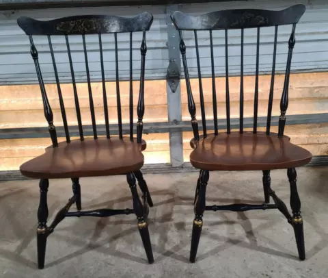 Pair of Hitchcock Black Harvest Stenciled Windsor Fan Maple Chairs Gold Accents Cover