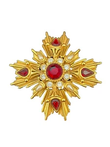 Joan Rivers Gold-Tone Maltese Cross Brooch With Ruby Red & Pearl Accents Vtg 2.5 - Picture 1 of 5