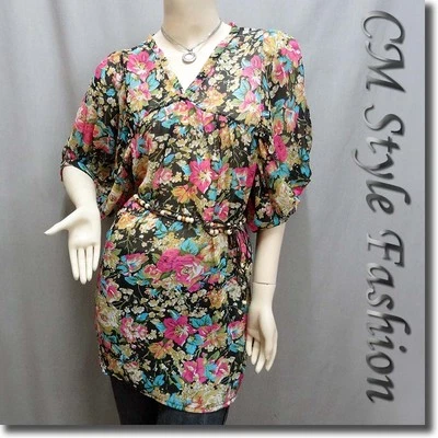 Top túnica manga abullonada floral de gasa con cinturón de cuentas M Foto 1 de 4