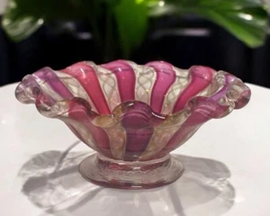 Murano Venetian Art Glass Red Ribbon Latticino Handblown Candy Dish 4” x 1-3/4” - Picture 1 of 10