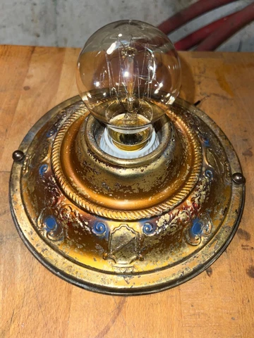 1920’s Antique Art Deco Brass ‘Patina‘ Polychrome Flush MountFixture Rare Cover