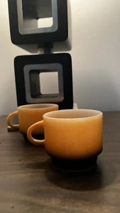 Two Vintage Anchor Hocking Fire King Stacking Mugs gold brown fade EUC MCM cafe - Picture 1 of 8