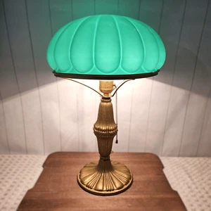 Antique Art Deco Green Cased Glass Ribbed Hand Blown Mushroom Dome Table Lamp - Picture 1 of 19