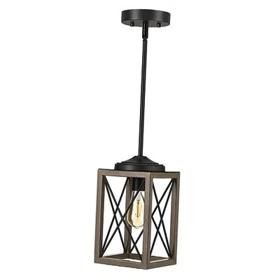  Pendant Light Fixtures, Metal Hanging Light Fixture with Wooden Grain Gray - Image 1 of 4