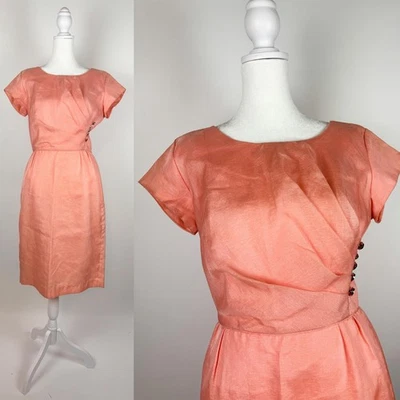 Vestido de coquetel 1950s 1960s Habe Garments salmão chiffon - Imagem 1 de 4