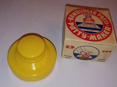 Prensa para hamburguesas vintage Q & T productos EE. UU. plástico amarillo con caja original Foto 1 de 4
