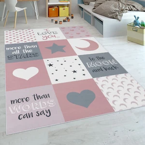 Kinderteppich Kinderzimmer Mädchen Herzen Sterne Mond Spruch Rosa Grau - Bild 1 von 6