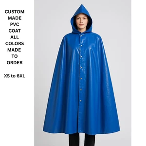 Women s Wind Breaker PVC Vinyl RainCoat Blue Cape Hood Waterproof - Picture 1 of 2
