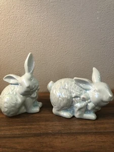 Easter bunny rabbit figurines Ceramic Blue lot of 2 - Picture 1 of 11