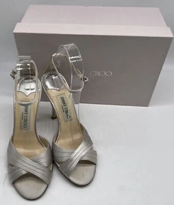 Jimmy Choo Re-Soled Gray Satin Peep Toe Strappy Slingback Sandal Heel sz 37 - Picture 1 of 8