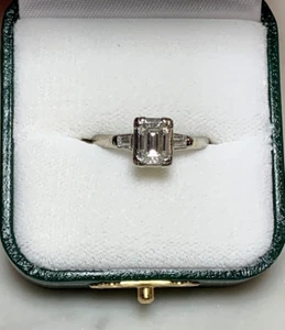 Vintage 14K White Gold Natural Diamond Ring w/ 1.0 Ct Emerald Cut + 2 Baguette - Picture 1 of 22