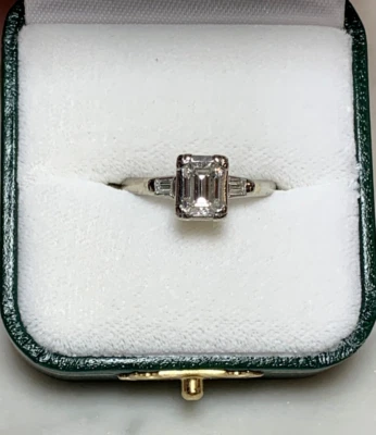 Vintage 14K White Gold Natural Diamond Ring w/ 1.0 Ct Emerald Cut + 2 Baguette - Image 1 of 4