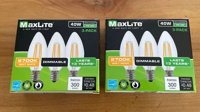 (6) NEW MaxLite 4w LED Filament Bulb (40w rep) Dimmable B10 2700K Enclosed Wet - Image 1 of 4