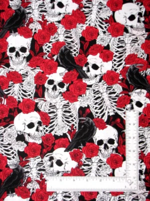 Skull Rose Raven Fabric By The Yard Skulls Red Roses Cotton Fabric Traditions - Image 1 of 2