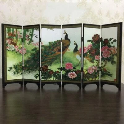 48cm Wooden Peacock Pattern Folding Screen Room Divider Partition Desktop Decor - Image 1 of 4
