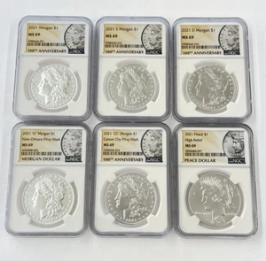 2021 Morgan & Peace Silver Dollar 100th Anniversary 6-coin Set NGC MS69 - Picture 1 of 2