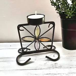 Supporto Tealight Vintage Filo Nero Design Floreale Perline Acriliche - Foto 1 di 8