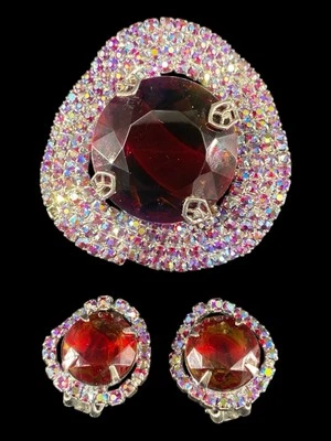 Juego de broches y pendientes de clip grandes de topacio ondulado rojo vidrio givre y diamantes de imitación AB Foto 1 de 4