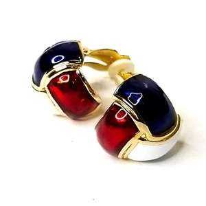 RED WHITE BLUE Enamel Knot Clip Earrings Patriotic Gold Tone Vintage - Picture 1 of 6