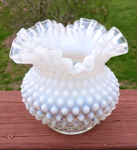 VTG FENTON ART GLASS WHITE CLEAR HOBNAIL VASE ROSE BOWL OPALESCENT RUFFLED EDGE - Picture 1 of 8