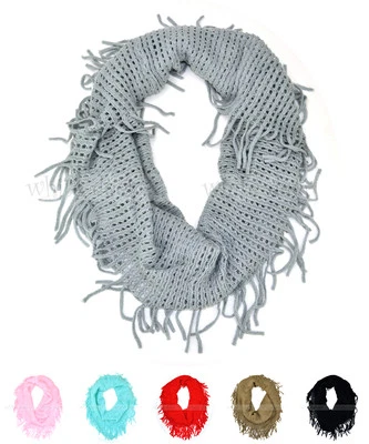Solid Knit Infinity Winter Scarf Tear Drop Fringe Elastic Fishnet Circle Loop - Image 1 of 2