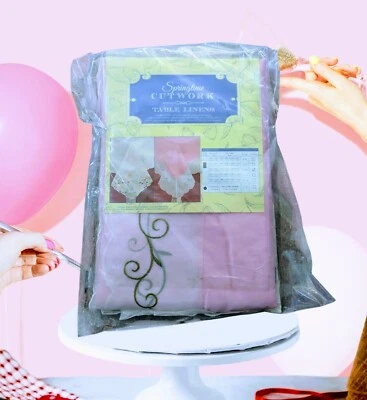 SPRINGTIME CUTWORK Pink Purple FLORAL Gold Trim Table Linen Tablecloth 60x102" - Image 1 of 4