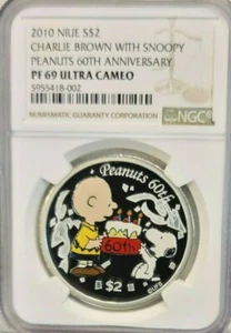 2010 NIUE SILVER 2 DOLLARS PEANUTS CHARLIE BROWN & SNOOPY NGC PF 69 ULTRA CAMEO  - Picture 1 of 4