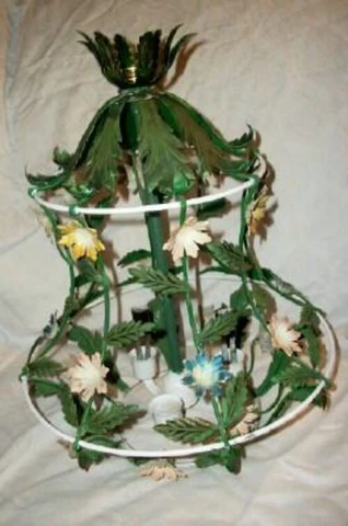 ITALIAN TOLE FLORAL BIRDCAGE FLORAL CHANDELIER HANGING LAMP 1930s NEEDS WIRED Cover