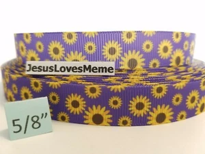 Grosgrain Ribbon Sunflowers on Purple Wild Flowers Nature Fabric Flower 5/8" - Picture 1 of 1