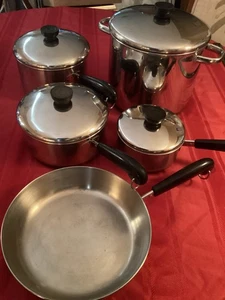 Vintage Menge 9 Stück Revere Ware 1801 Kupferboden Kochgeschirr Set Pfannen mit Deckel - Bild 1 von 4