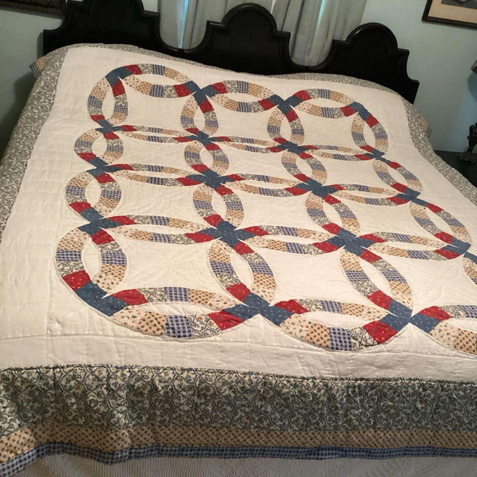 Edredón completo de anillo de boda doble reina 98" x 88" azul rojo blanco oro granja Foto 1 de 4