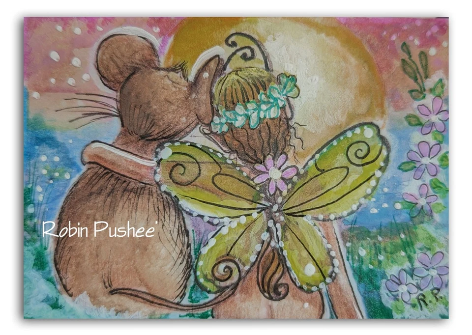 aceo original art, fairy and mouse, mini painting - Image 1 of 1