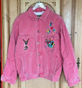 Jeansjacke Vintage Stone washed exklusiv 80er Applikationen rot/pink super Stoff - Bild 1 von 16