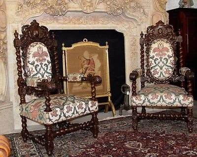 Antiguo par de sillones franceses tallados renacentistas cebada torcidos circa1860 Foto 1 de 4