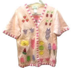 Quacker Factory M Pink Button Up Artsy Novelty Cardigan Whimsical Grandmacore - Picture 1 of 4