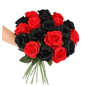 Roses Artificial Flowers - 12 pcs Realistic Long Stem Fake Roses Black & Red - Picture 1 of 7