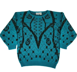 Suéter Pullover Evian Mujer Mediano Azul Negro Floral Inspirado Retro #1928 - Imagen 1 de 16