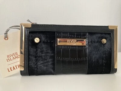 RIVER ISLAND Cartera Monedero Cuero Repujado Plegable Cocodrilo Negro Nuevo con Etiquetas Foto 1 de 4