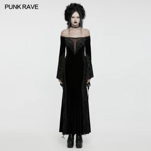 Punk Rave Black Gothic Punk Women Off-The-Shoulder Sexy Velvet Lace Long Dress - Picture 1 of 22