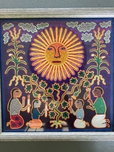 YARN PAINTING Huichol INDIAN Psychedelic FOLK ART COLORFUL Ceremony TAO Sun God - Picture 1 of 13