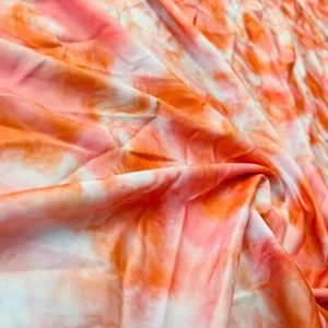 Tie Dye Orange and Coral Print Nylon Spandex Fabric 4 Way Stretch By Yard - Picture 1 of 5